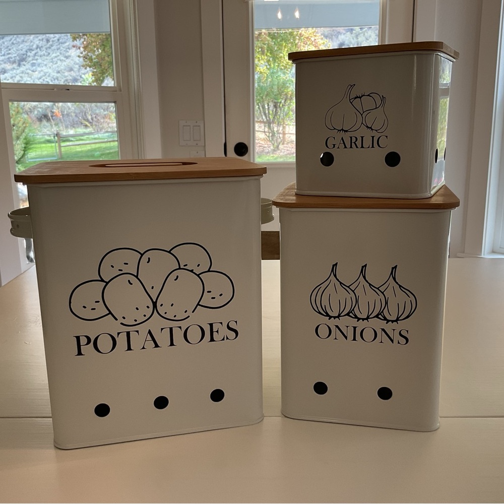 Kitchen Canister Set Storage Bins for Potatoes, Onions and Garlic, Bamboo Lids